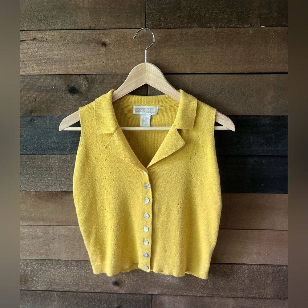 Vintage 90s Maurices Yellow Knit Sweater Vest – Collared Button Top – Size M - Picture 2 of 8